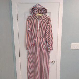 Handmade Womens Hooded Vintage Lounge Bathrobe Red White Blue Stripe Size M